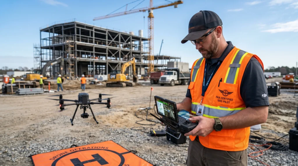 FAA-certified drone pilot launching a UAV at a Chesapeake VA job site for a commercial aerial inspection.