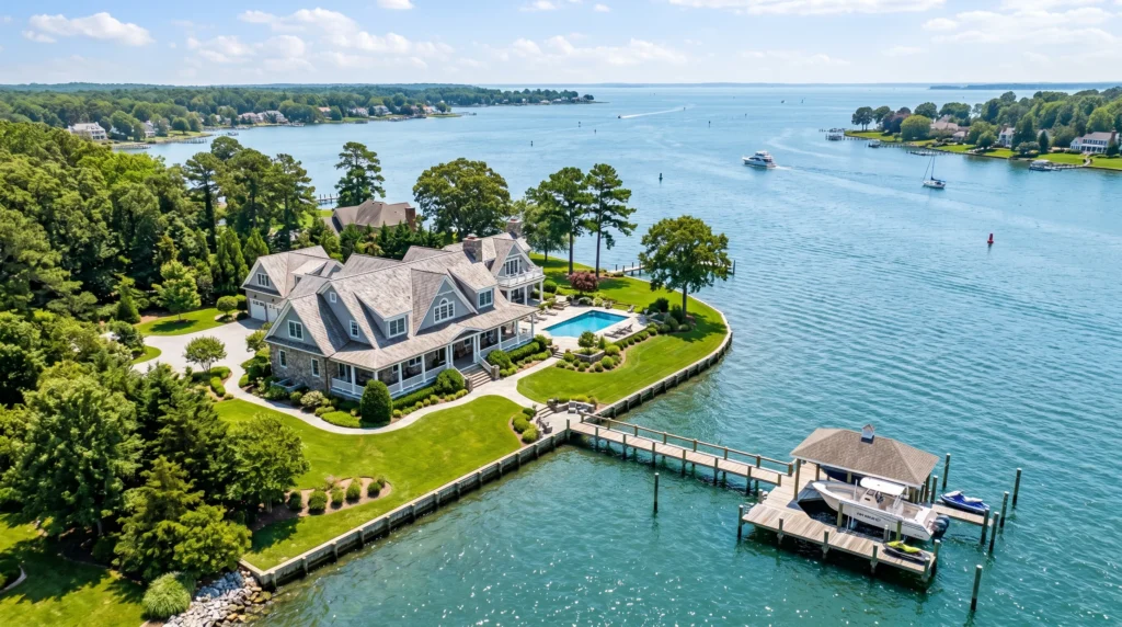 Aerial photo of a waterfront home in Chesapeake VA showing dock and water access captured by a professional drone pilot.